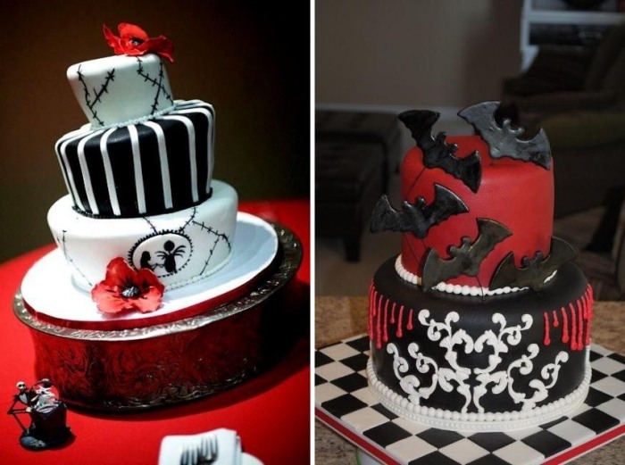 halloween-tårta-med-läskiga-mönster-fladdermöss-svart-rött