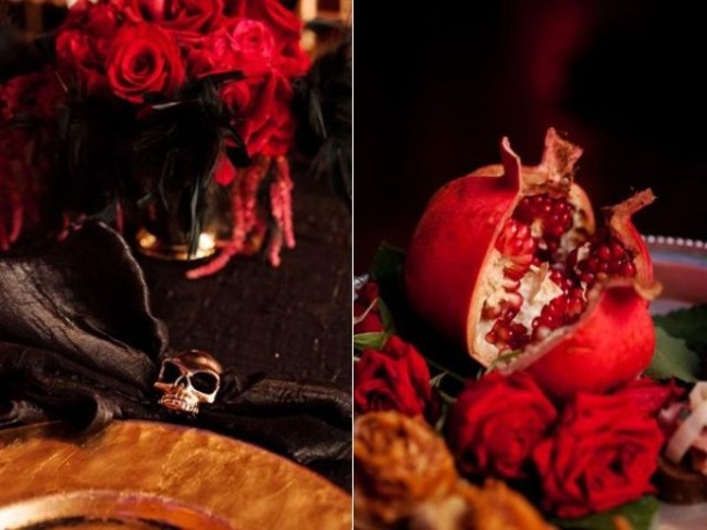 Gotiska-vampyr-bröllop-dekoration-med-skalle-pumpor-röda rosor