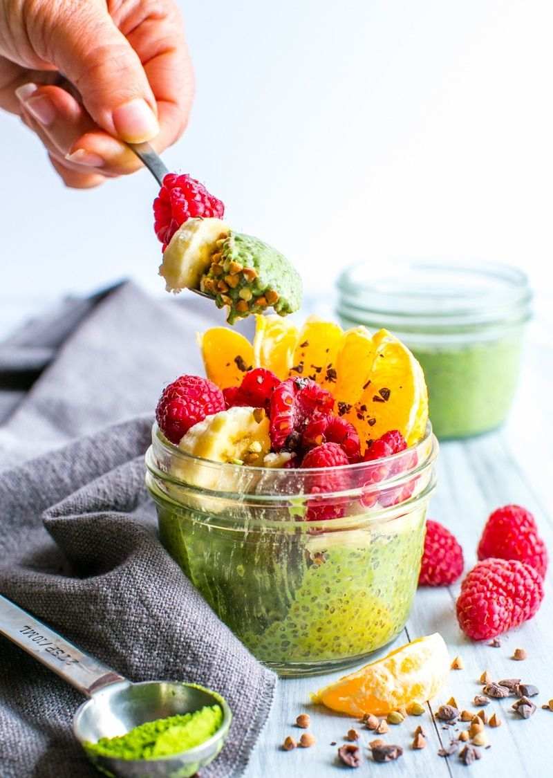 Veganska frukostrecept Bär Chia Pudding Matcha Apelsiner Bananer Hälsosam viktminskning
