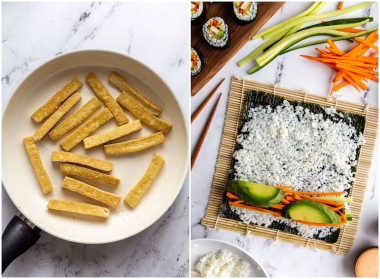 Gör själv vegansk sushi rulla stekt tofu