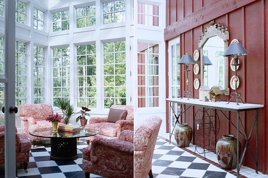 rosa rött vardagsrum möbler veranda