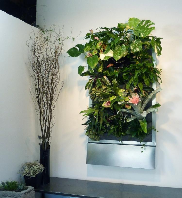vertikal-trädgård-landskapsarkitektur-moderna-exotiska-växter-hink-metall-dekoration
