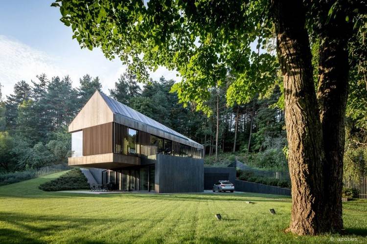 Vertikal träfasad villa-cantilever-skog-garage