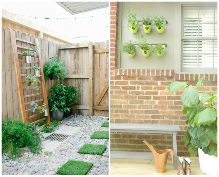 vertikal-örtträdgård-skapa-terrass-balkong-trästege-bad-handduk-hållare-grön-kruka-metall