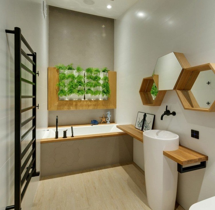 Vertikal-trädgård-badrum-vägg-design-trä-skåp-dörrar-bad-badkar-fristående-diskbänk-spegel