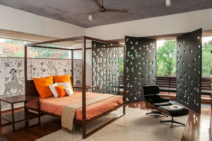 design idé sovrum villa panel säng fåtölj pall