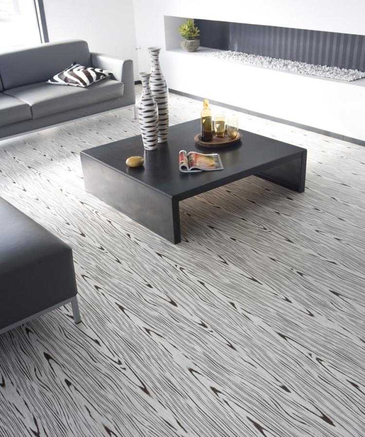 vinyl-golvbeläggning-läggning-svart-vit-modern-vardagsrum-soffa-soffbord