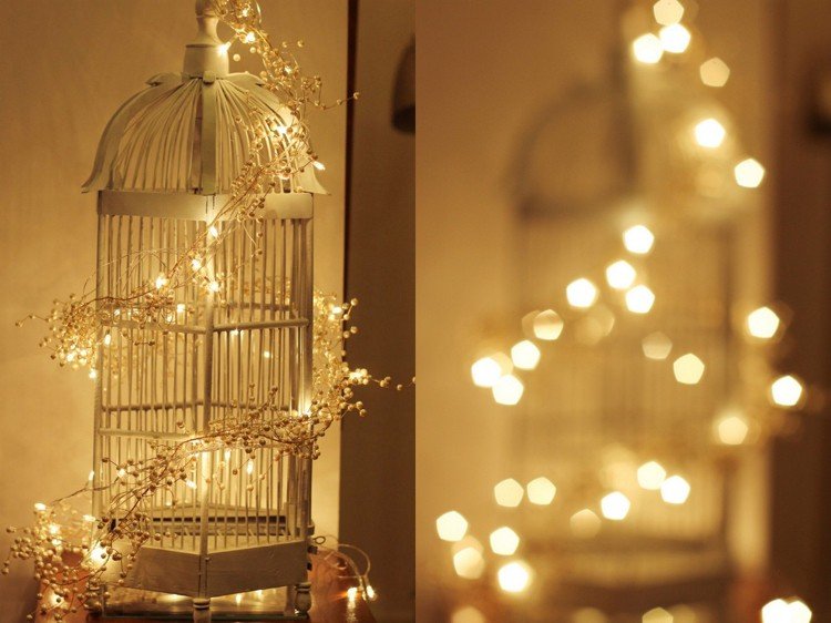 fågelbur dekoration jul kantiga vita fairy lampor