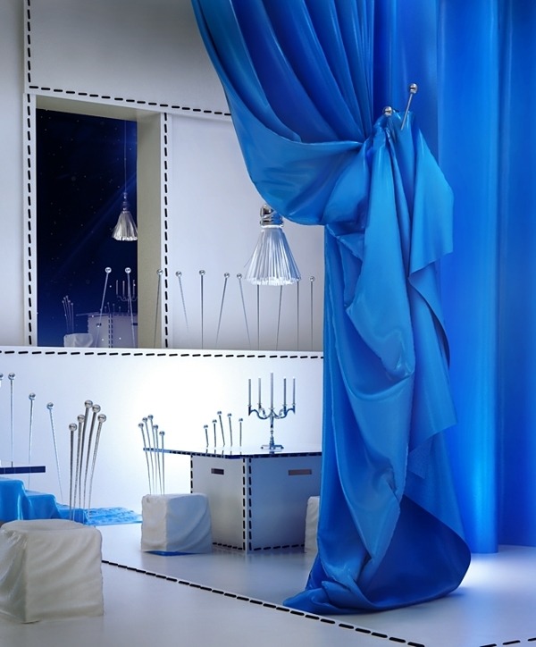 Szwalnia design bar restaurang gardin blå lampor moderna tofsar