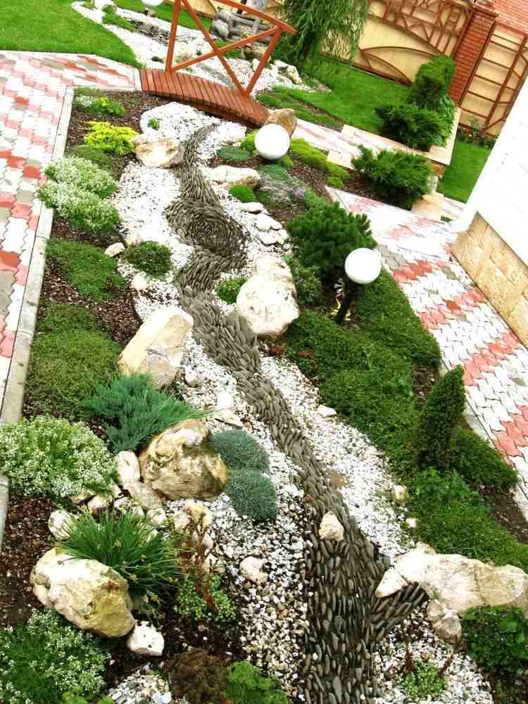 främre trädgård-design-lättskött-mark-täck-låg-graeser-grus-flod