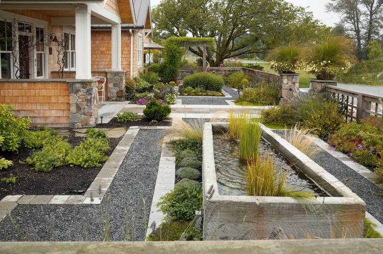 Exempel på trädgårdsdesign exempel trädgårdsdamm vattenväxter prydnadsgräs grusväg kvartsstenar