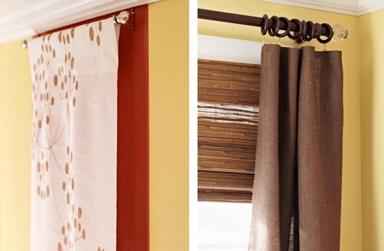 Naturliga färger vardagsrum fönster gardiner brun modern