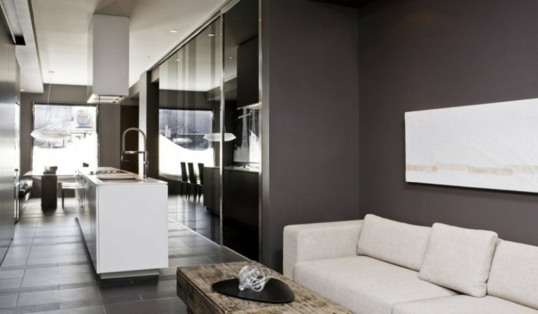 färgidéer för vardagsrummet grå vägg vita möbler kök modernt