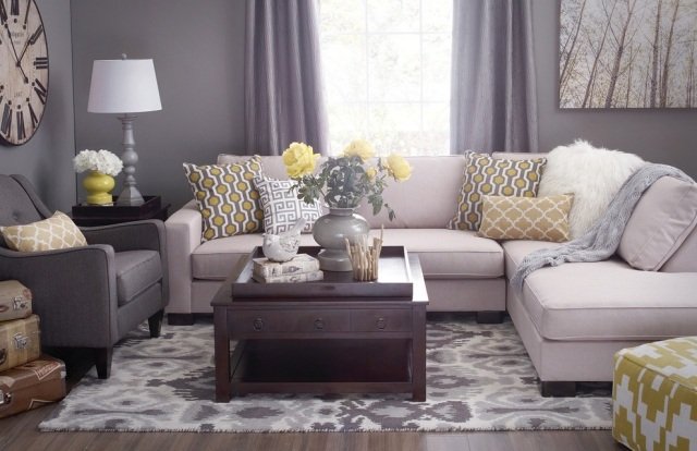 färgidéer för vardagsrummet-grå-gul färgkombination