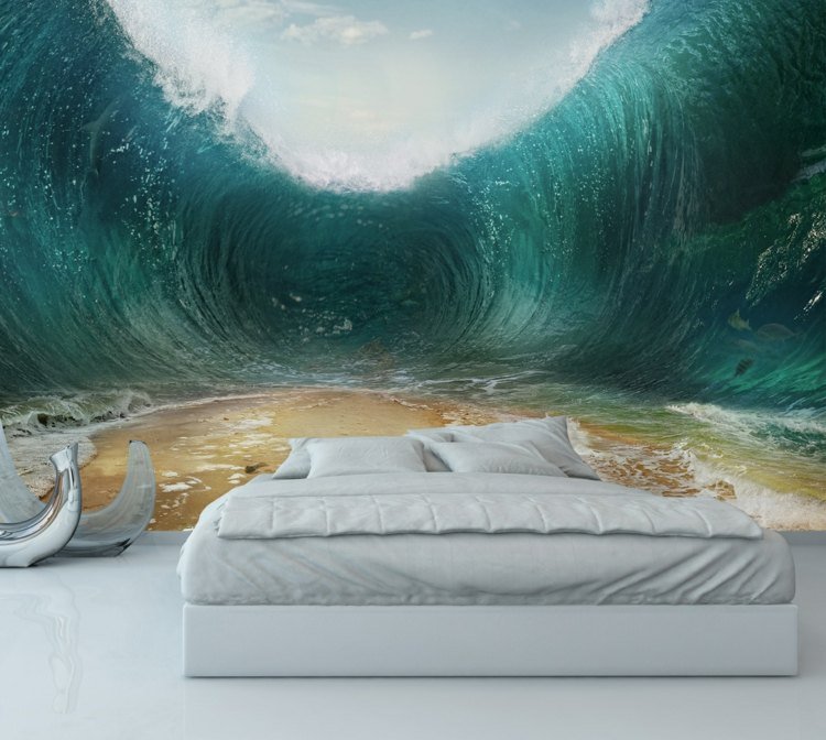 vägg med fototapeter havsvåg-optisk-illusion-sovrum