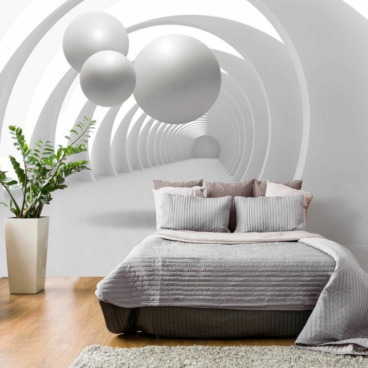 vägg med fototapet sovrum-idé-modern-minimalistisk-vita-sfärer-3d