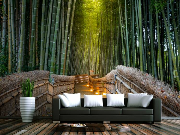 vägg med fototapet skog-bambu-asiatisk-bro
