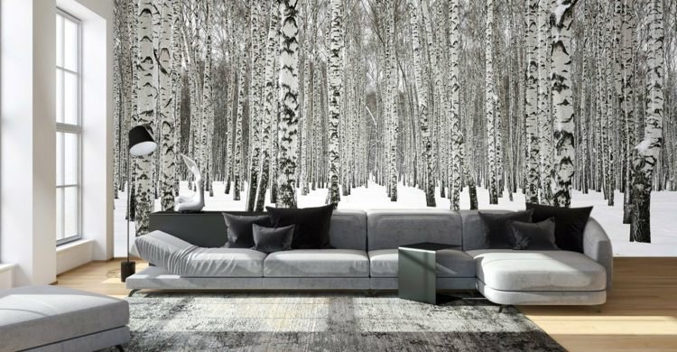 vägg-fototapet-björk-skog-snö-vinter-landskap-svart-vit