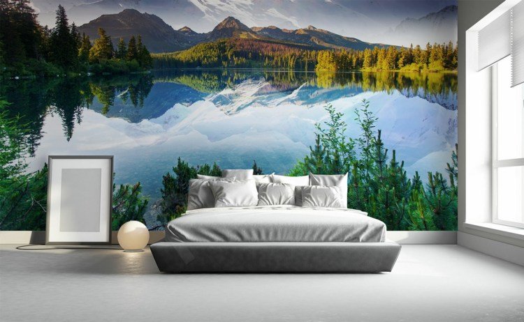 vägg-fototapet-sjö-berg-romantisk-sovrum-komfort-3d-effekt