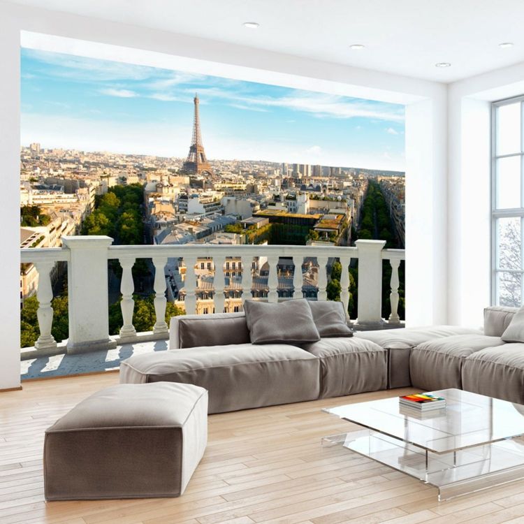 vägg-fototapet-balkong-paris-skyline-räcke-romantisk-fönsterimitation