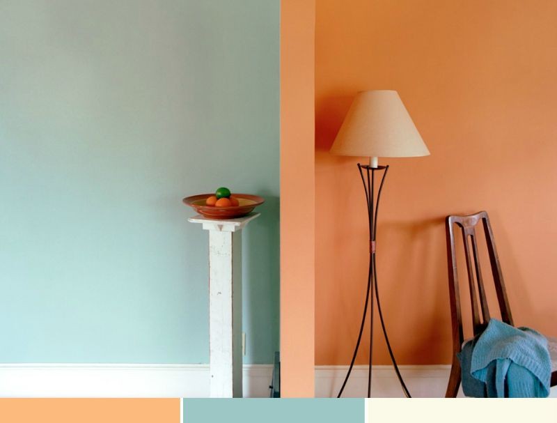 Väggfärg-mint-grön-orange-vardagsrum-vardags-idéer