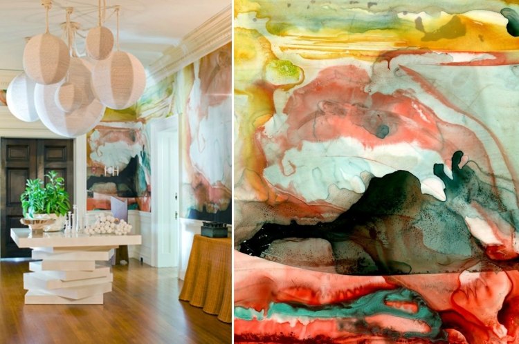 väggmålning-idéer-design-vatten-färg-akvarell-effekt-varma-färger-nyans-orange-gul-hall