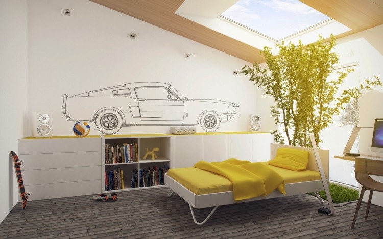 väggmålning-barnrum-idéer-design-pojkar-rum-gul-bil-vit