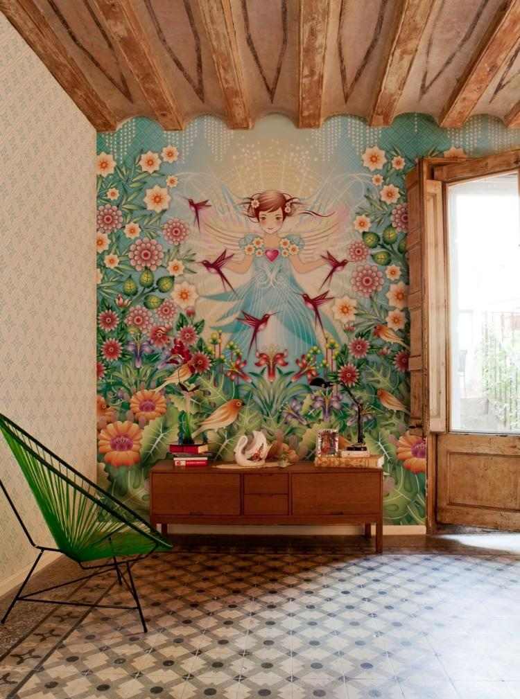 väggmålning-barnrum-idéer-design-vintage-illustration-väggmålning-design-trä