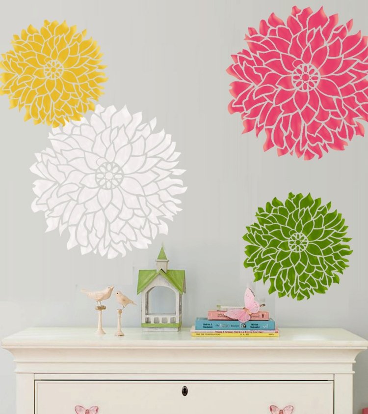väggmålning-barnrum-idéer-färger-blommor-väggfärg-ljusgrå byrå