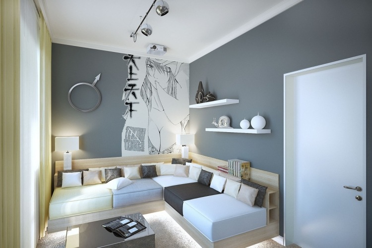 väggmålning-idéer-svart-vitt-vardagsrum-liten-väggfärg-grå-sittmöbler