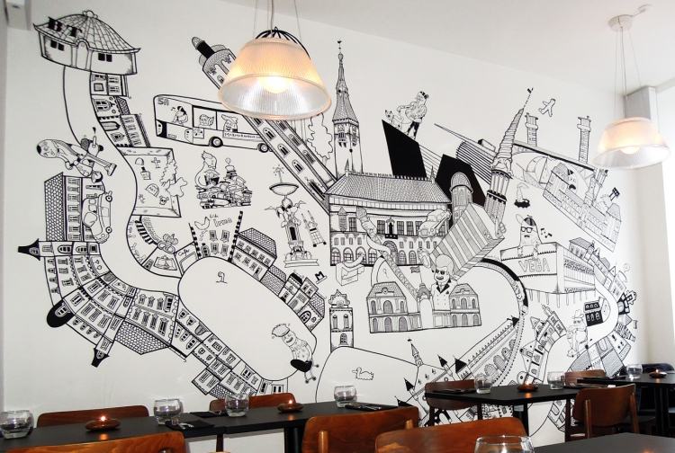 väggmålning-idéer-svart-vitt-café-bord-stjäla-vintage-lyktor-hängande lampor