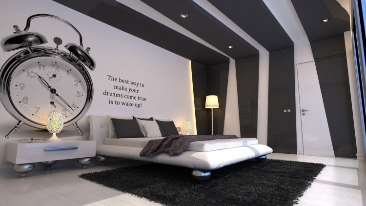 väggmålning-idéer-svart-vitt-sovrum-väckarklocka-stor-vägg