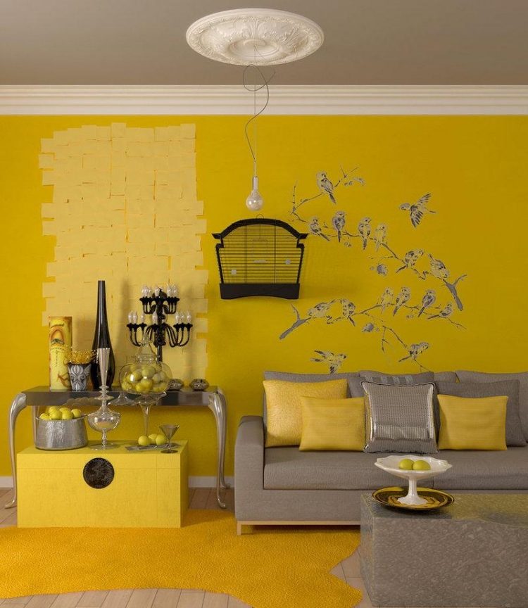 väggmålning-idéer-vardagsrum-gul-beige-soffa-kudde-konsolbord