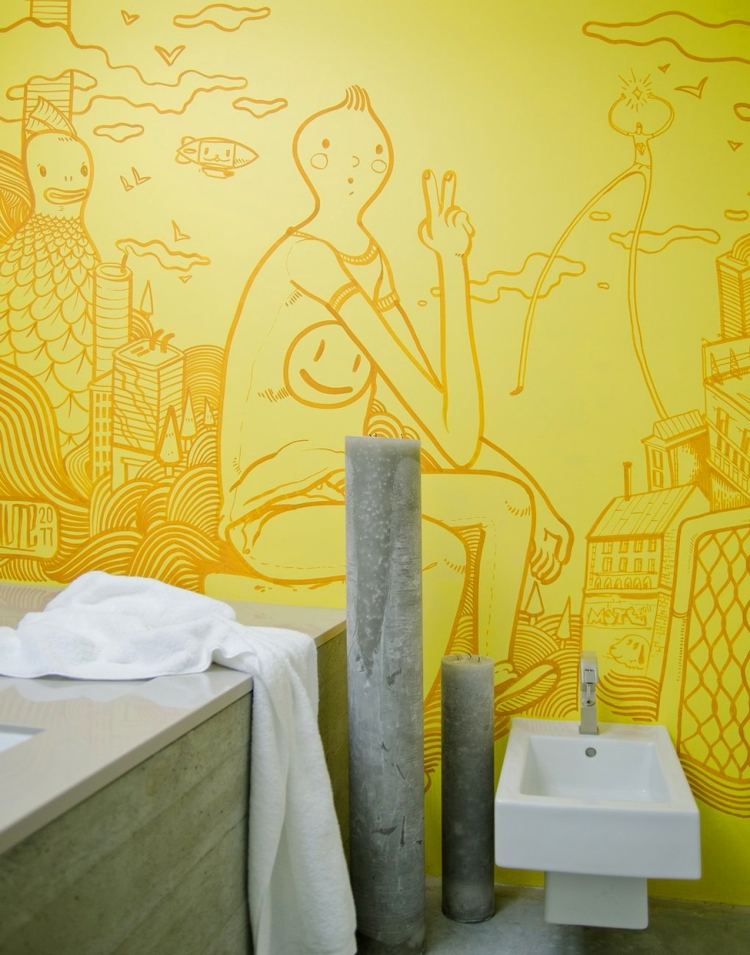 väggmålning-idéer-gul-badrum-väggmålning-ritning-modern-betong