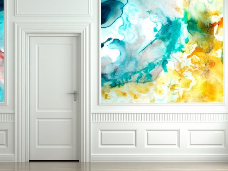 Väggmålning idéer -design-akvarell-akvarell-effekt-hall-stuckatur-vit-väggbeklädnad-dörr
