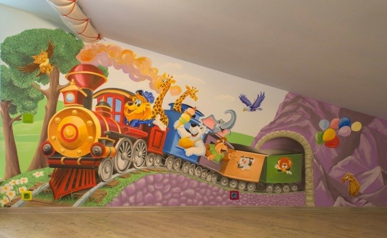 väggmålning i barnkammarlokomotiven elefantlejon