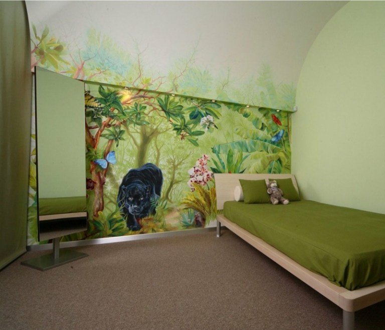 väggmålning i barnkammaren djungel panter grön inre spegel