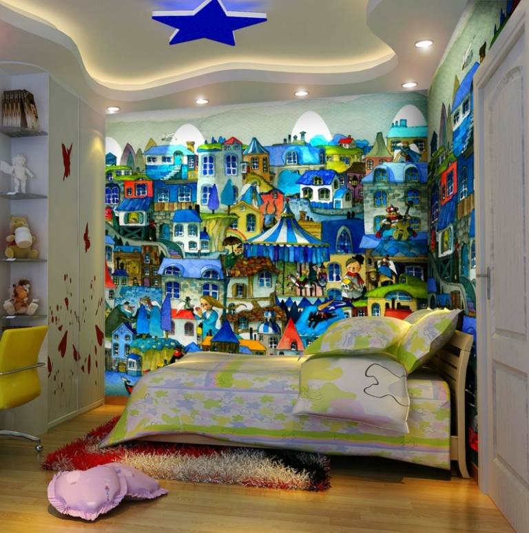 väggmålning barnrum stad färgglada hus säng vägg nisch tak modern stjärna