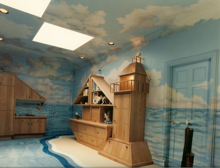 väggmålning barnrum maritim design havs himmel möbeldesign