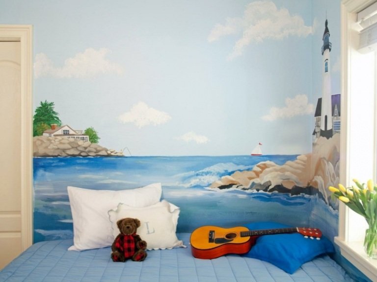 väggmålning barnrum kust tema fyr havsgitarr teddy