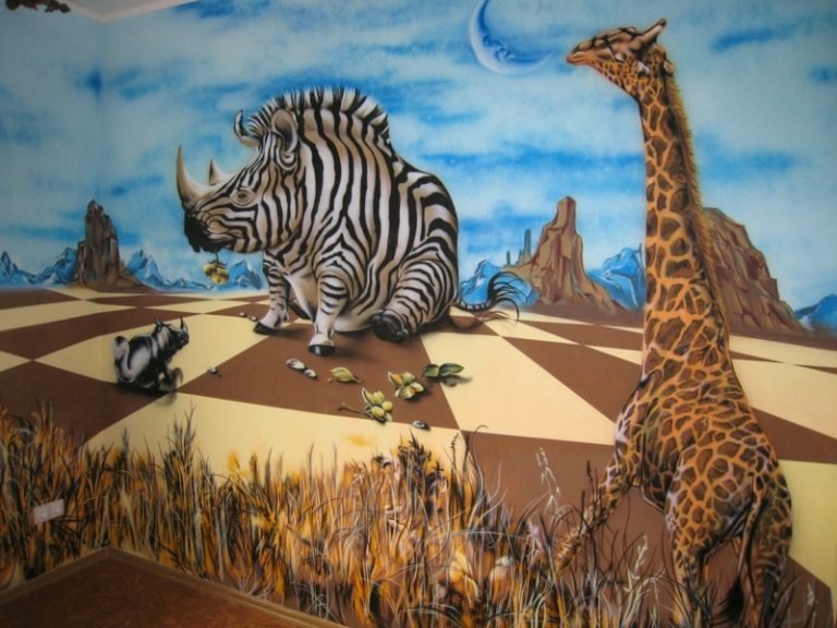 väggmålning i barnrum afrika tema giraff noshörning zebra schackbräde mönster 3d