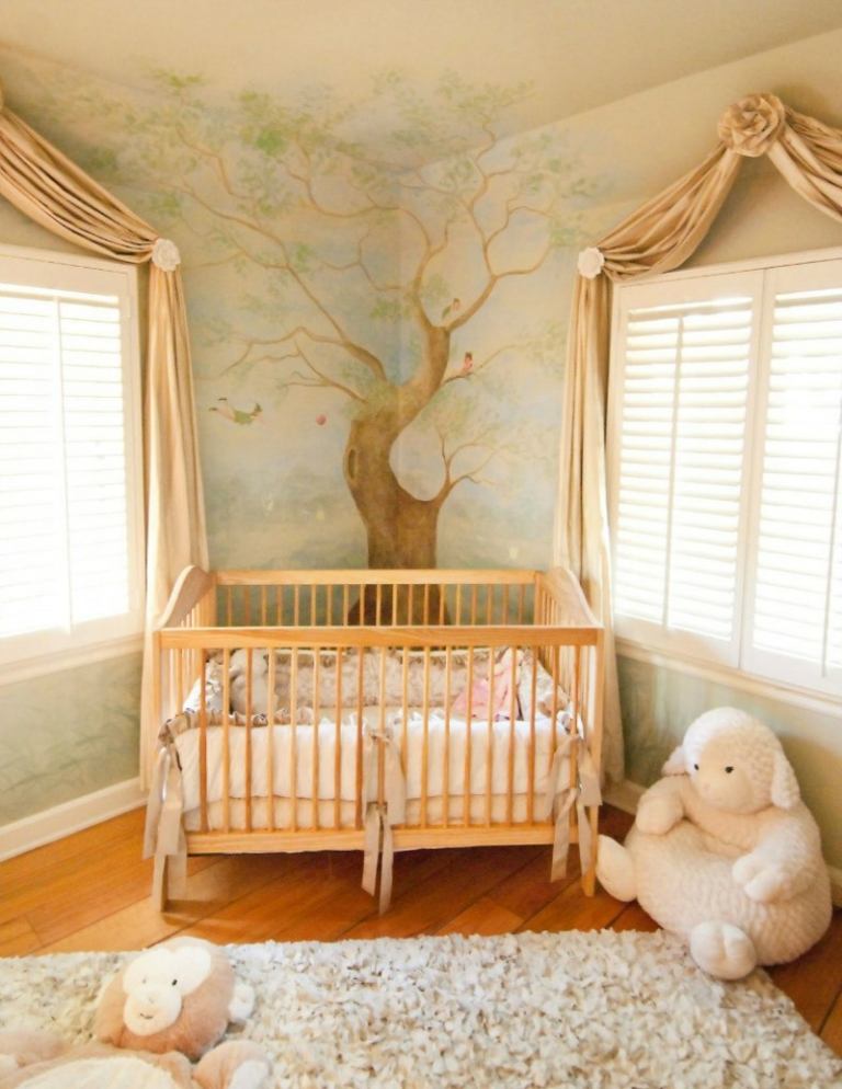 väggmålning barnrum baby romantisk trädhörna djup hög matta