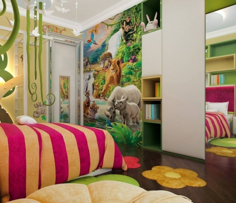 väggmålning i barnkammaren djungel noshörning tiger hyllan lianor imitation