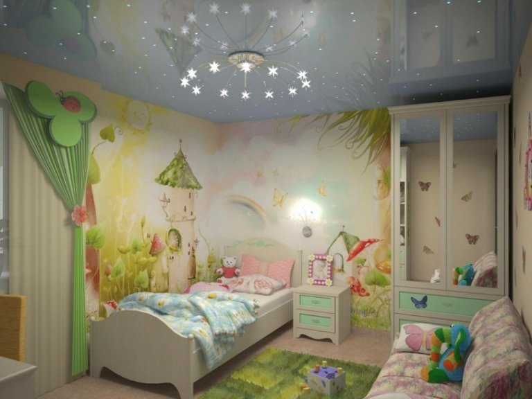 Väggmålning i barnrummet sagon torn romantisk säng vita möbler mintgrön