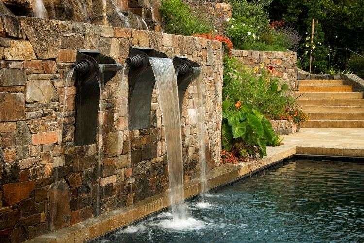 vägg fontän modern inuti utvändig design stenmur vatten har natursten bassäng vattenfall trio
