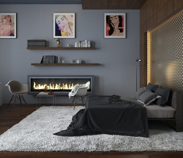 modern-sovrum-inredning-affisch-vägg-öppen spis-vägg-hyllor-säng-sänggavel