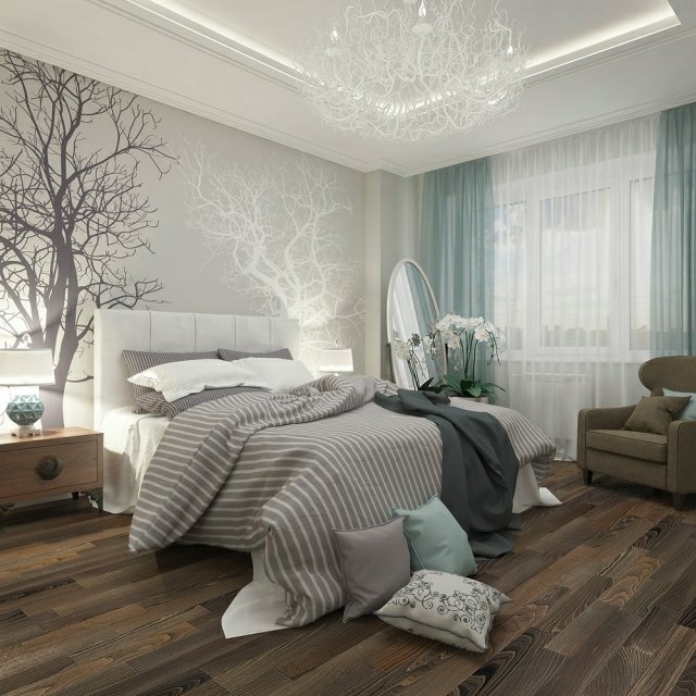 idéer-sovrum-design-grå-vit-vägg-design-fotomotiv-träd