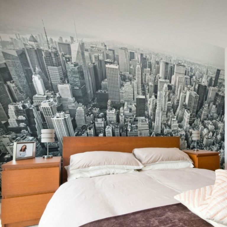 väggdekoration för sovrum fototapet new york skyline säng trä