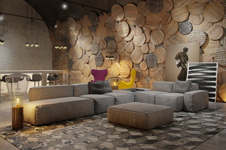 vägg-dekoration-trä-runda-paneler-dekorera-vardagsrum-grå-soffa