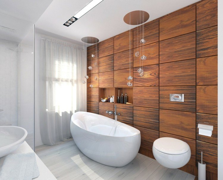 väggdekoration-trä-körsbär-rektangel-paneler-badrum-design-modernt badkar